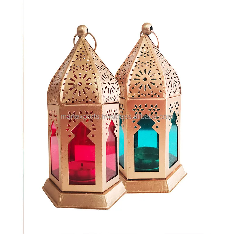 Moroccan Metal Candle Lantern with Colored Glass Antique Metal Candle Lantern Hanging Indoor and Outdoor
