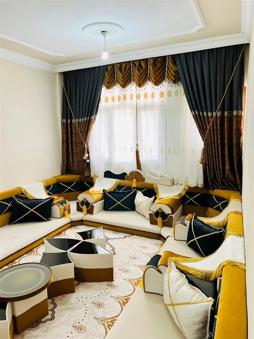 Ottoman Style Sofa Arabic Majlis Oriental Floor Seating | Sitting Height 15cm  |  Sofa + Wool Carpet + Curtain + Table Set FULL