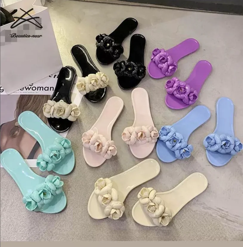 camellia jelly sandals slippers sandalia feminina outer wear beach 2024 flat shoes for women new styles