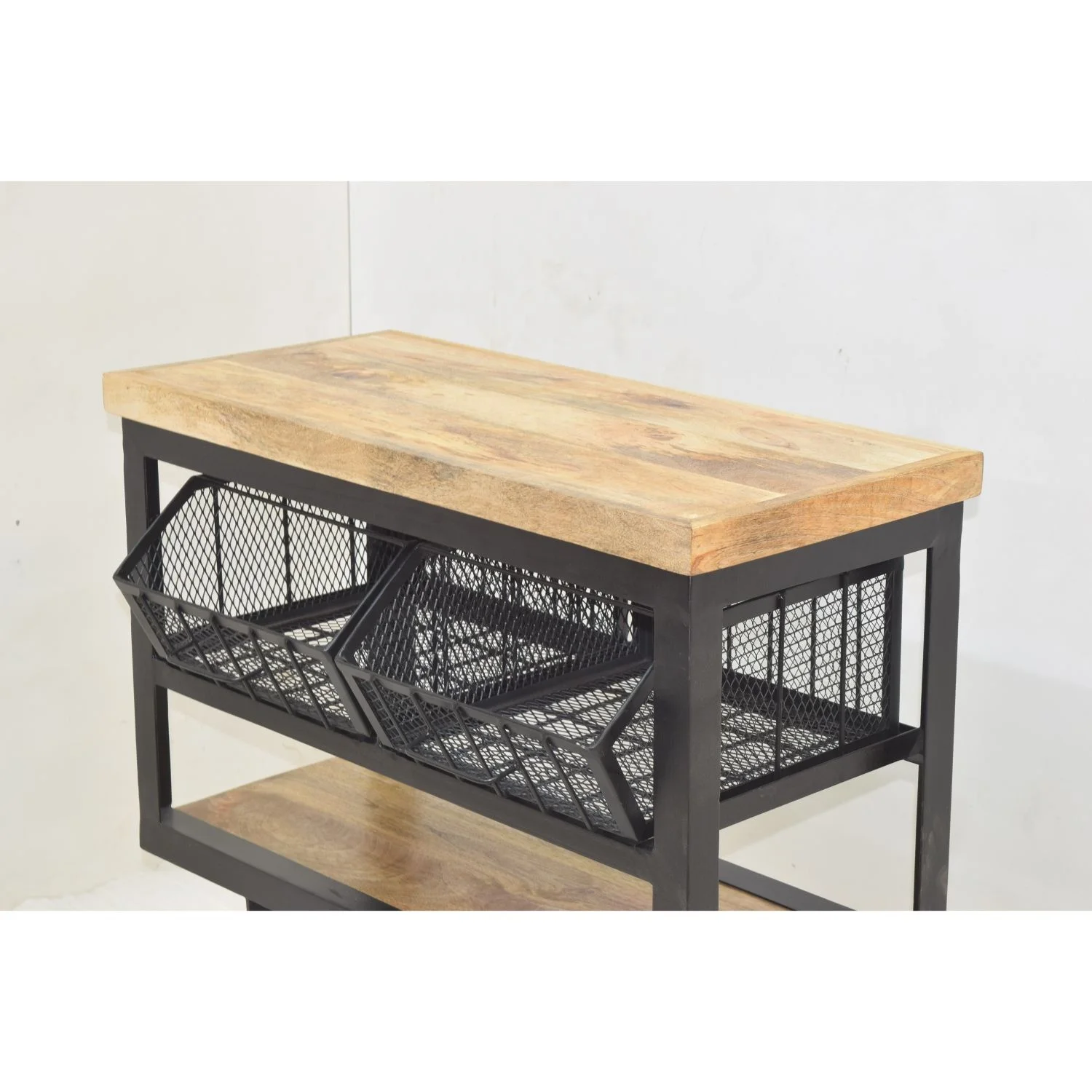 Industrial Antique American Cast Iron Wheels Iron Mesh Drawer Shelf Display Showcase Storage Retail Store Kitchen Trolley