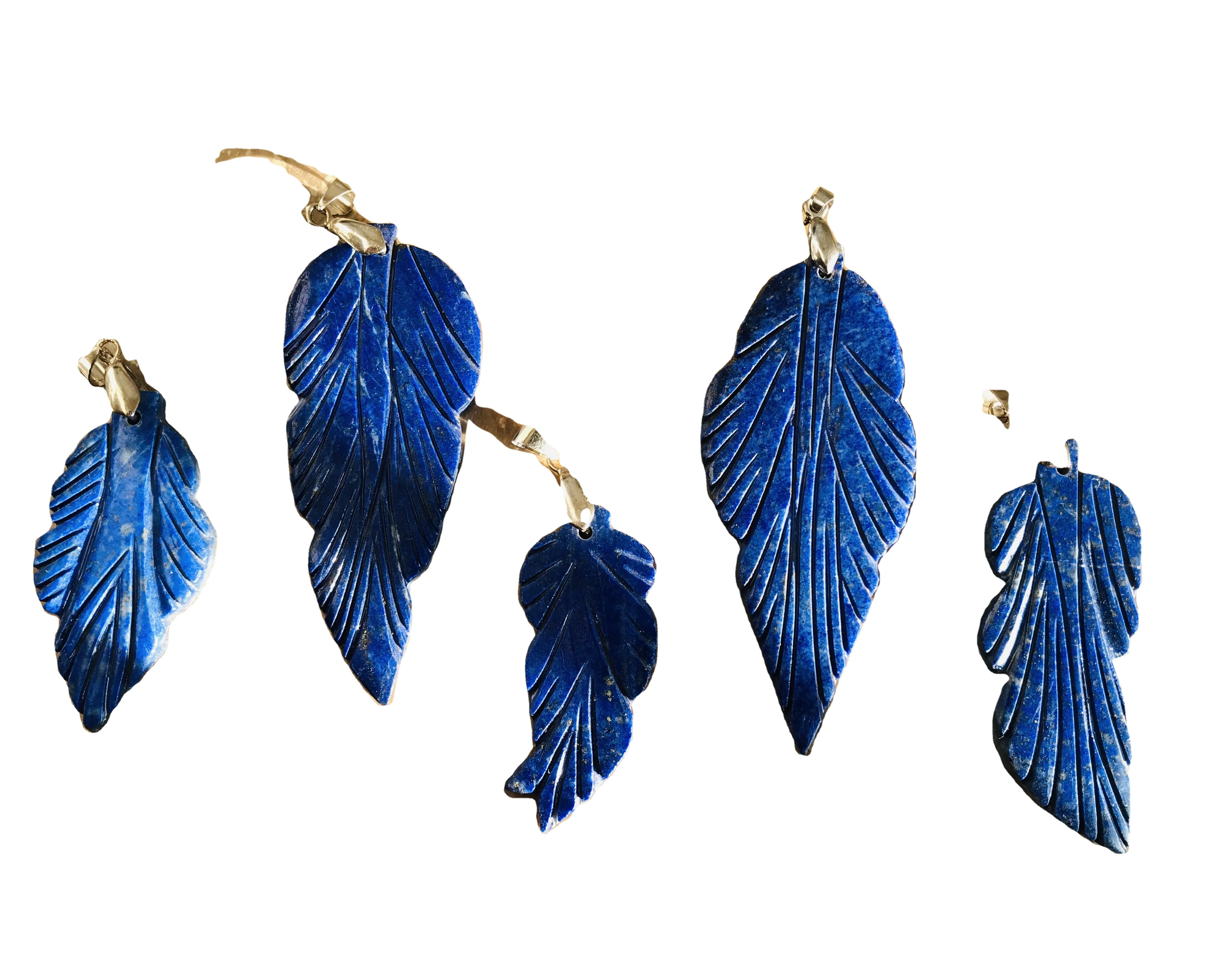 High Quality Lapis Lazuli Hand Carved Leaf Pendants Silver Chain Texture Spring Ring Natural 925 with Pure Royal Blue and Gold