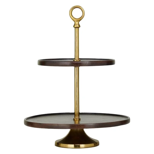 Superb Quality Handmade Decorative 2-Layer Mango Wood Plate Cups Stand round Shape Dark Brown Gold Iron Base for Parties