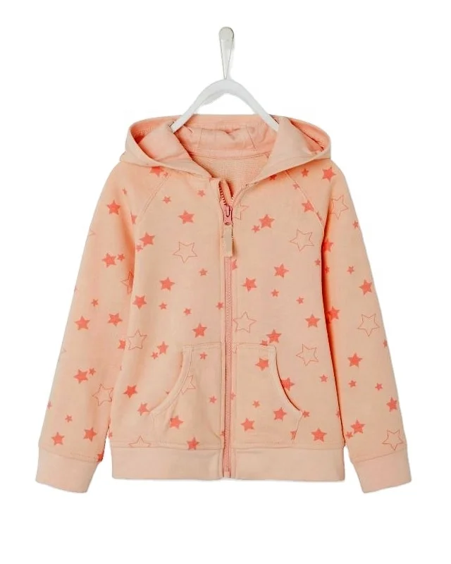 Allover Star print fleece zip up hoodies for girls Toddler children teen baby girls Full zip Hooded fancy Sweatshirt Custom Size
