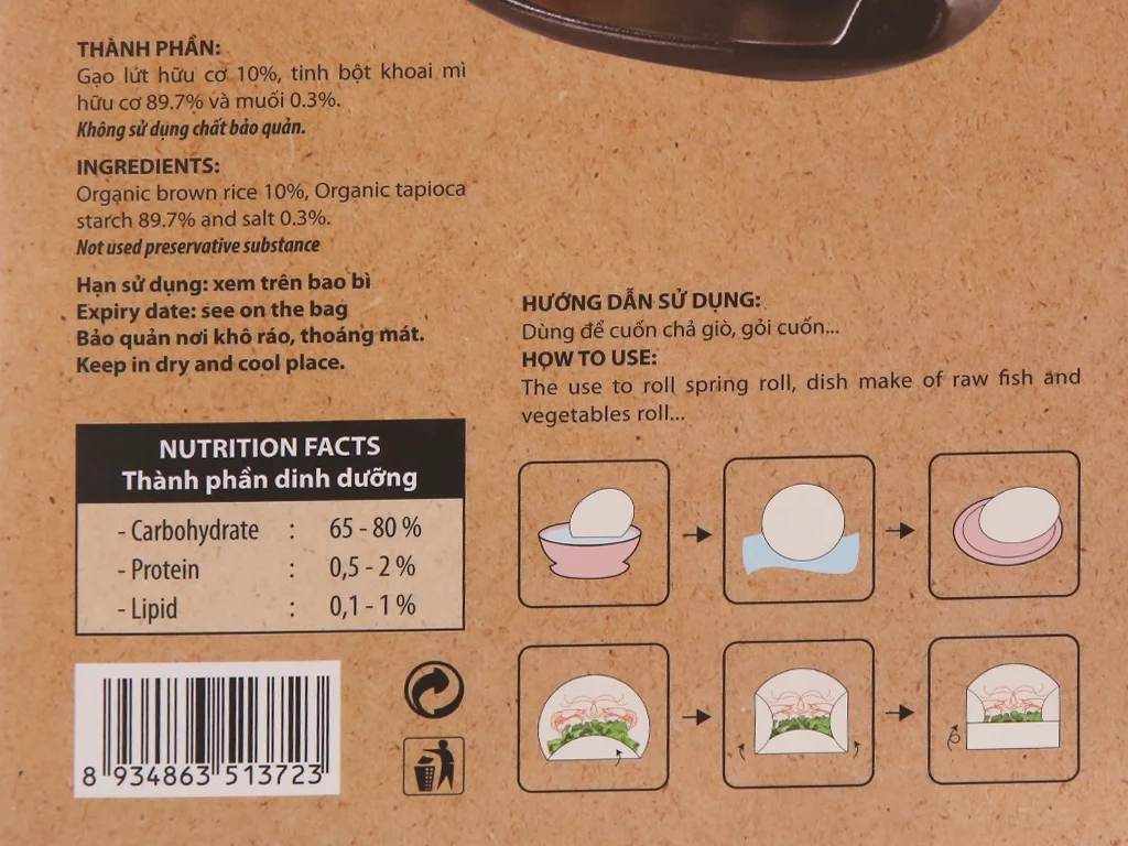 Vietnam Traditional Food Organic Brown Rice Paper 22cm For Spring Rolls