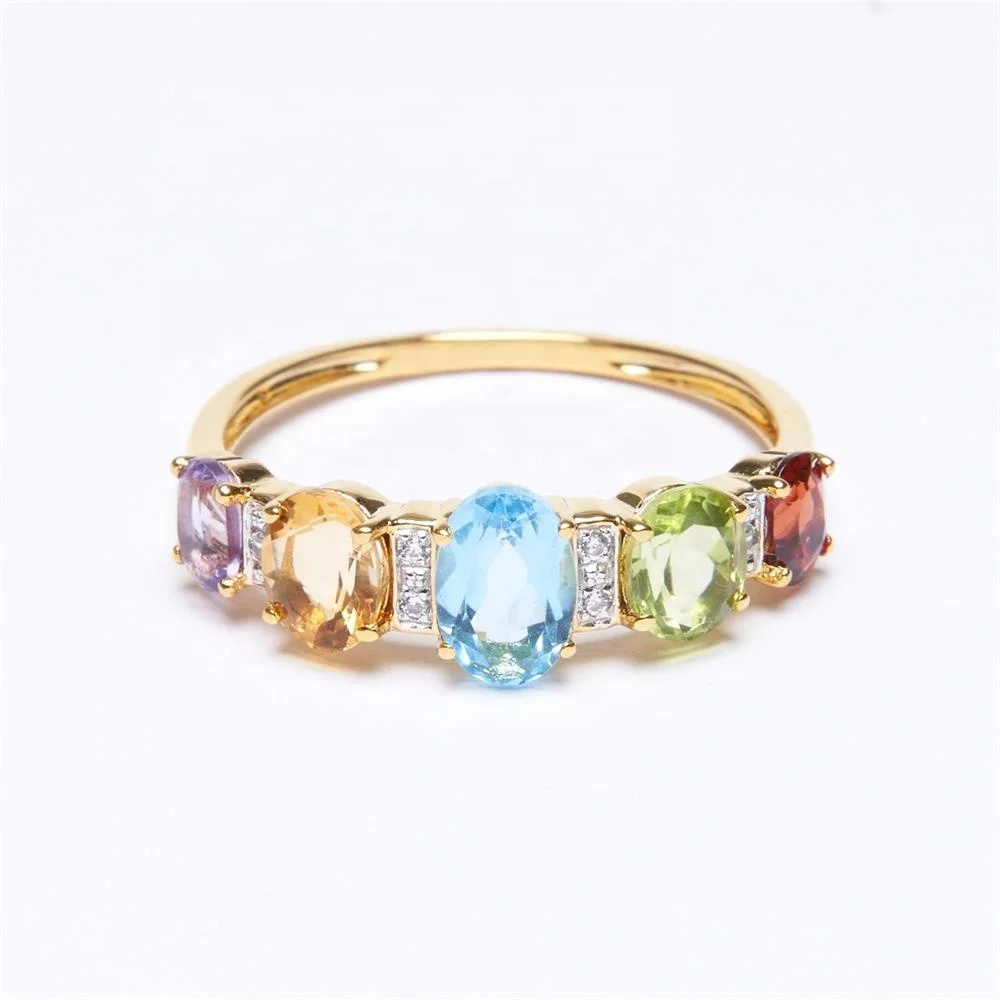European Design 18K Pure Gold High Quality Topaz Amethyst Citrine Rhodolite Peridot Natural Gemstone Ring