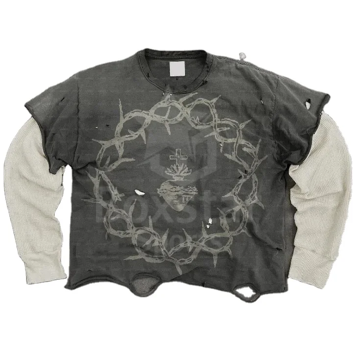 Men Customized Screen Print T-Shirt Cotton Ripped Double Layer Long Waffle Sleeve Top Distressed Acid Wash T Shirt For Men