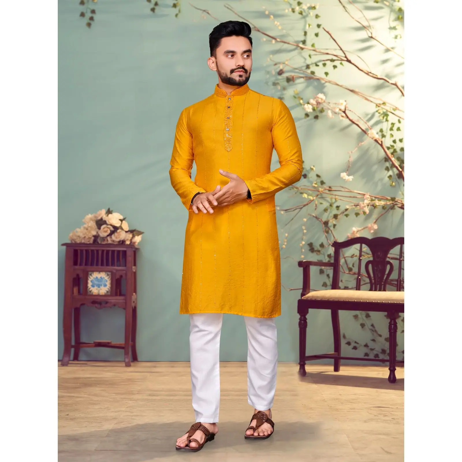 WEDDING COLLECTION PURE VISCOS BY NYLON 100% COTTON FABRIC WITH SEQUENCE AND THREAD WORK KURTA+PYJAMA  YELLOW