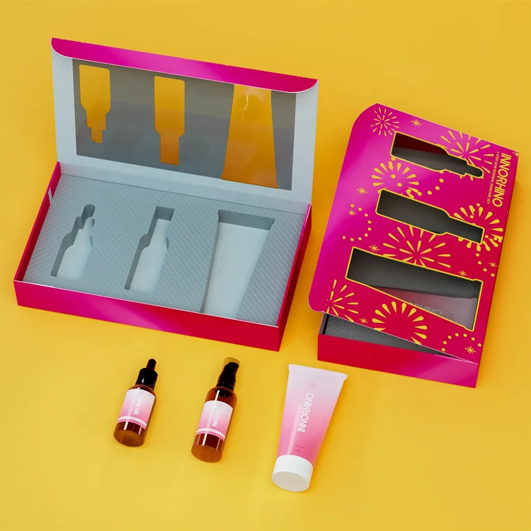 Custom Skincare Gift Set Transparent Packaging Paper Box for Rose Flower Lipgloss