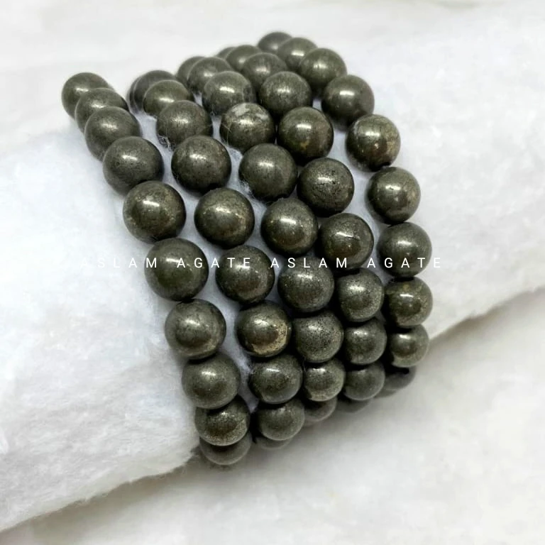 8mm Natural Pyrite Stone Beaded Bracelet ,Pyrite Gemstone Bracelet 4mm To 8 mm ,3 Cord strong Rubber Bead Bracelet