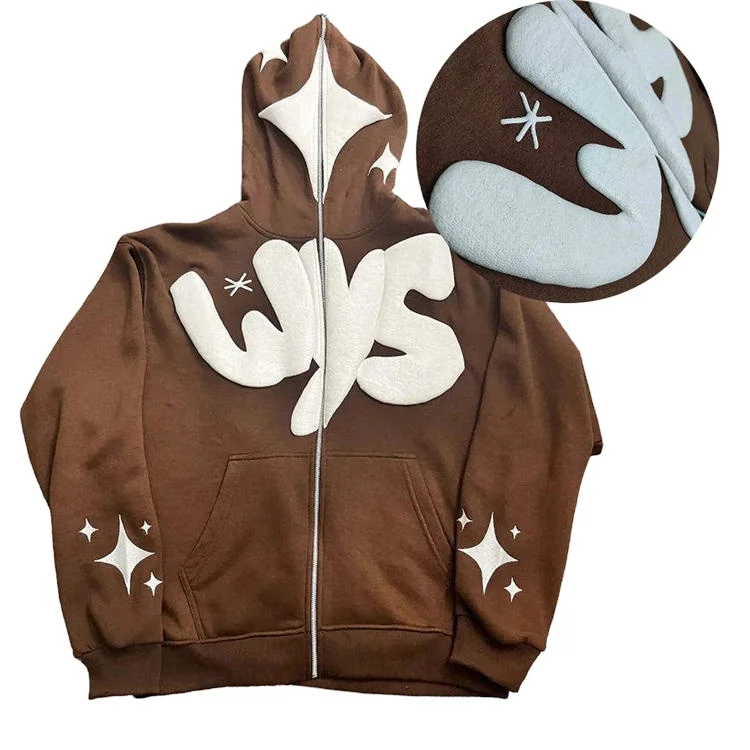 OEM Oversized Heavyweight 100% Cotton Zip up Brown Hoodie Custom Logo Streetwear Full Zip up Hoodie Puff Printing