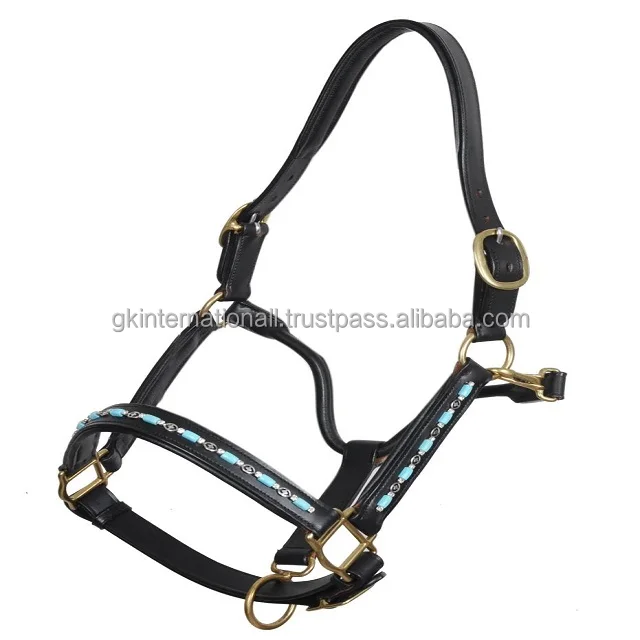 Personalized Turquoise beaded chain inlaid fancy leather horse halter with heavy duty adjustable brass buckle & rings