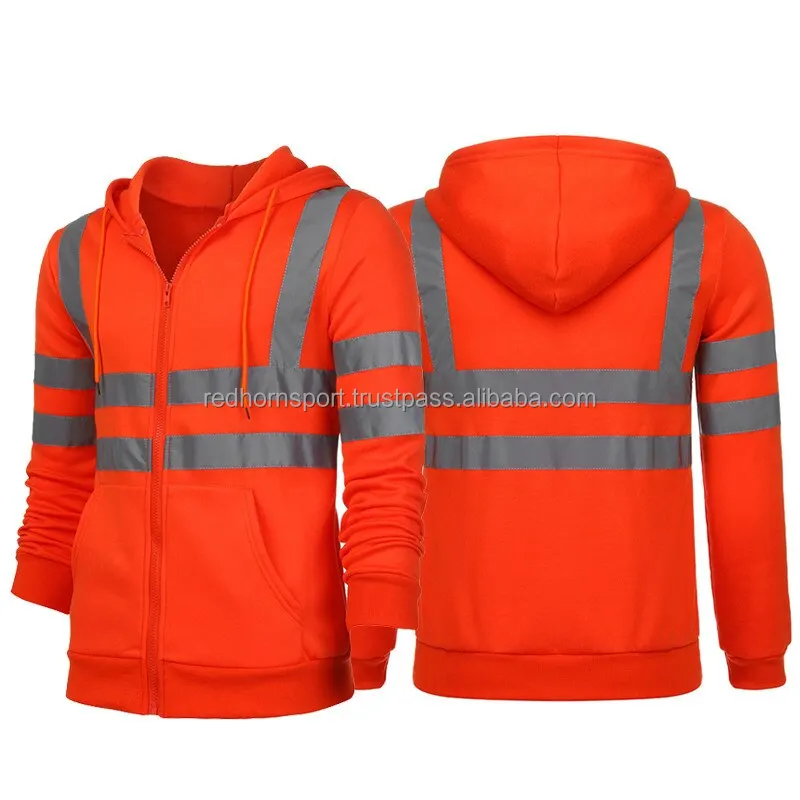 OEM High Visibility Jacket Customized Orange Lined Fleece Sweatshirts Men Work Reflective Safety Hoodie Zippered