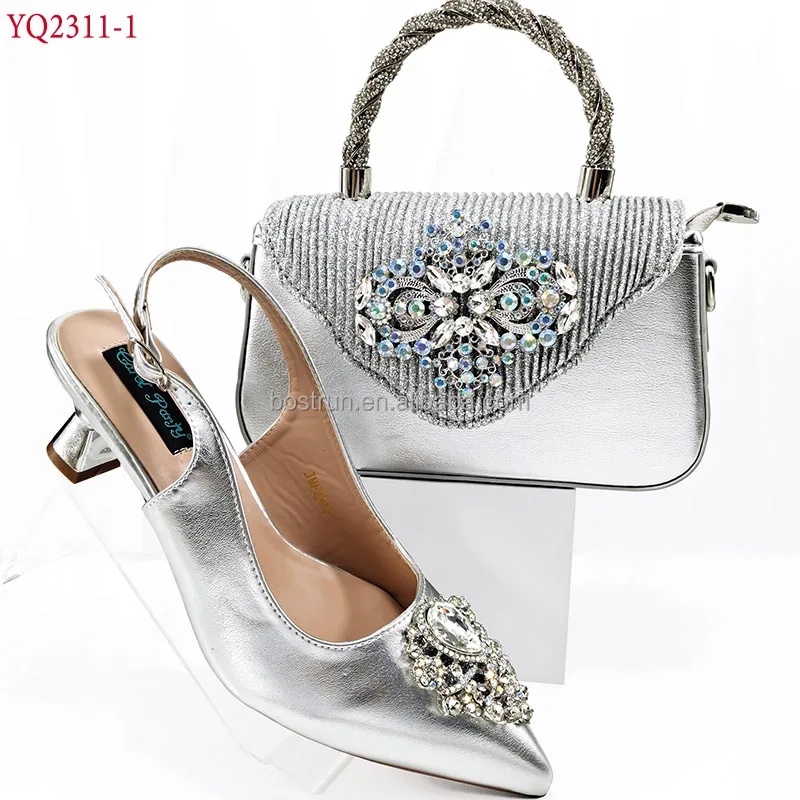 YQ2311 New Silver Color Fashion Italian Shoes With Matching Clutch Bag Hot African Big Wedding With High Heel  and Bag Set Party