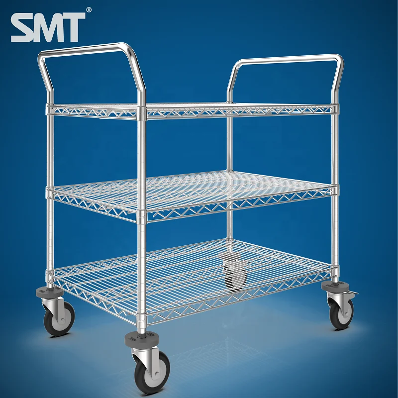 3 Tiers High Quality Cleanroom Mobile utility Storage Cart Stainless Steel SMT Mesh Wire Utility Trolley Cart for Industrial