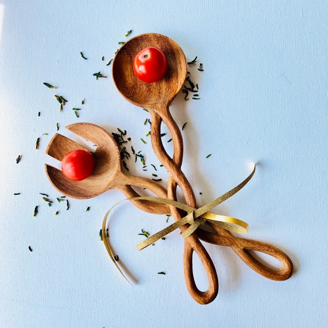 Ручной работы большой сервера салата ложки витой спираль образная ручка комплект из 2