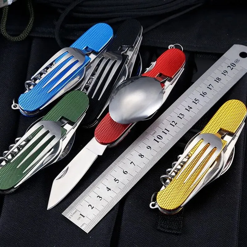 Foldable Tableware Knife Spoon Fork 4-In-1 Tablespoon Stainless Steel Bottle Opener Outdoor Camping Fruit Knife Folding Knife