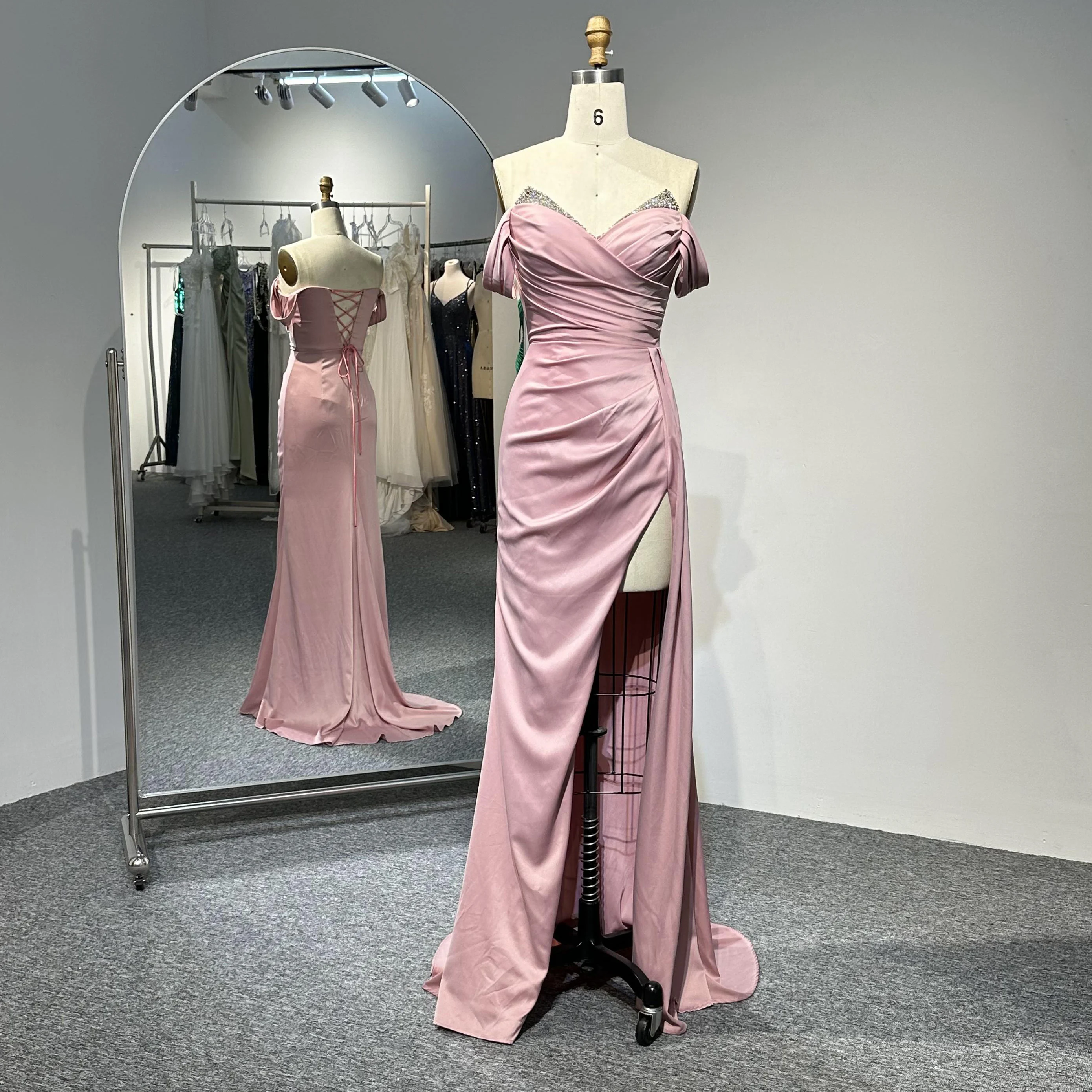 Pink Charmeuse Satin Fabric High Slit Strapless Gathered Pleated Handmade Beaded Embroidery Wedding Prom Dinner Evening Gowns