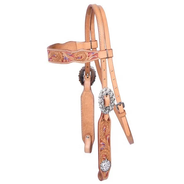 Most Popular Brown White Horse Leather Crystal Headstall with Fancy Buckle and colorful Crystals Conchos