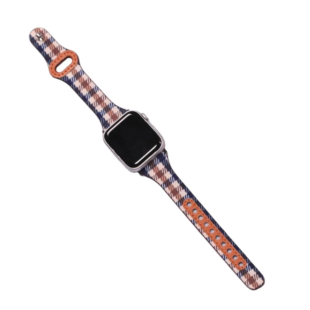 Ladies Checker Pattern Fabric with Leather Trim Ladies Strap for Apple Watch Strap Series 7 41mm 45mm