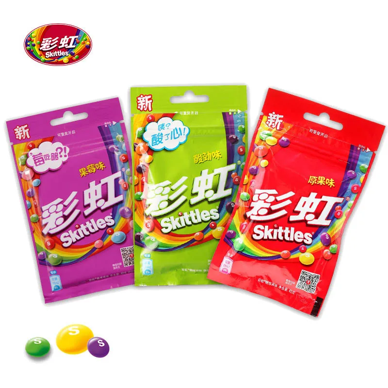 Skittless CHina Hot Selling 40&45g Exotic Snacks Multi Color Mixed Fruit Flavor Skittle Fruit Candy