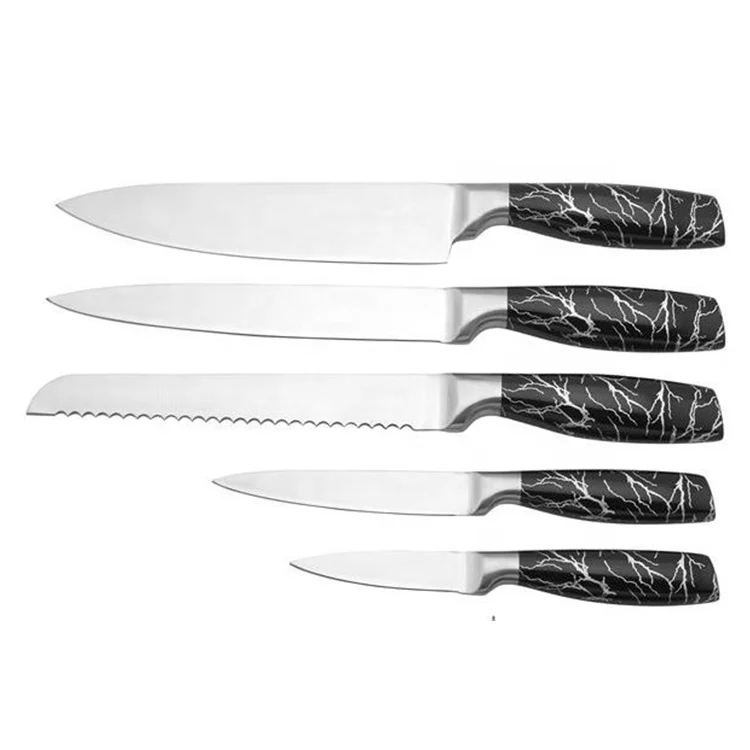 Fashion marble design hollow handle kitchen knife set in acrylic holder high quality chef knife sharpener shears extra sharp