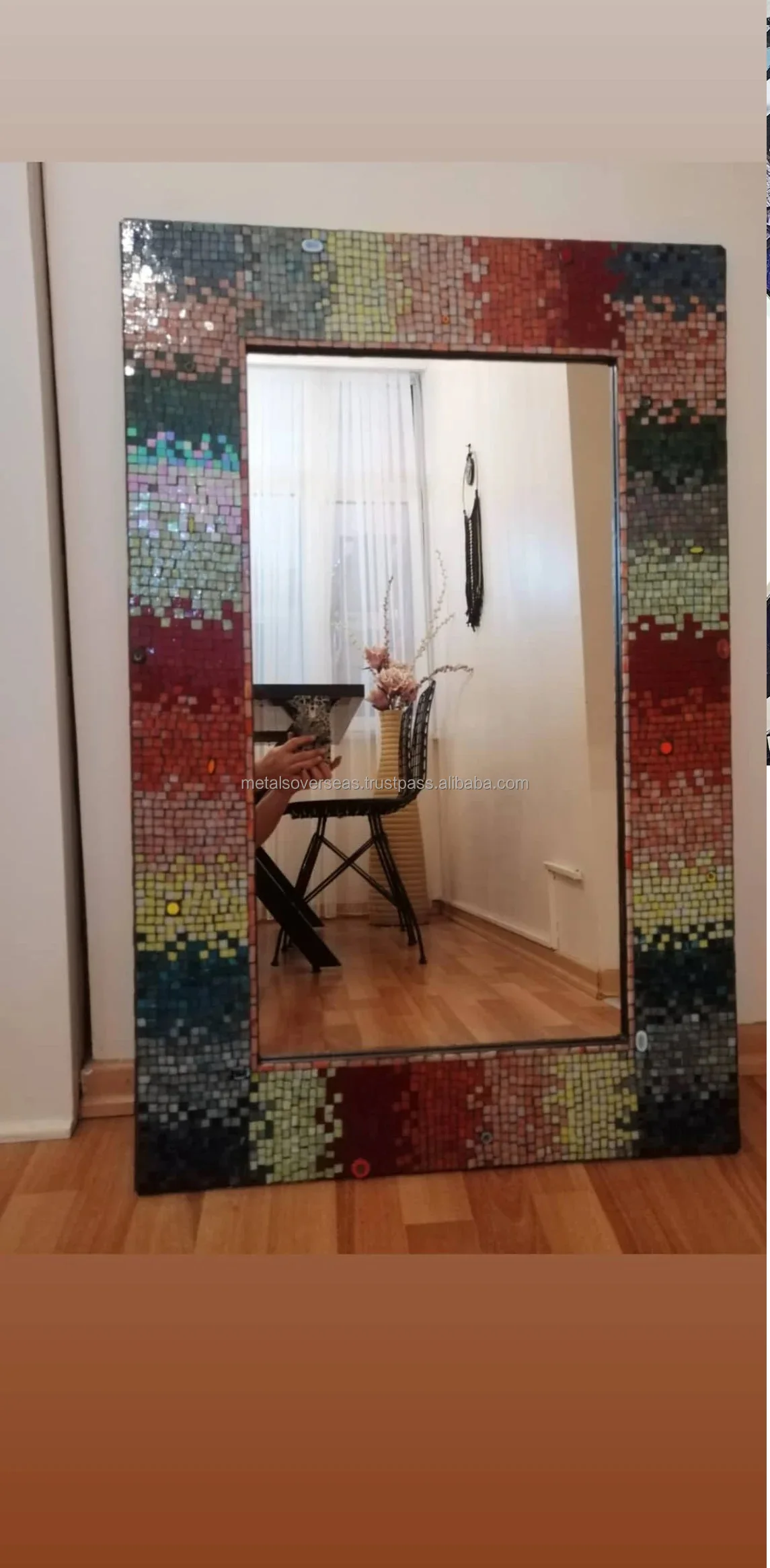 Natural Mosaic Decorative Hanging Rectangle Ceramic Tile Inlay Wooden Frame Mirror for Wall Home Art Decor