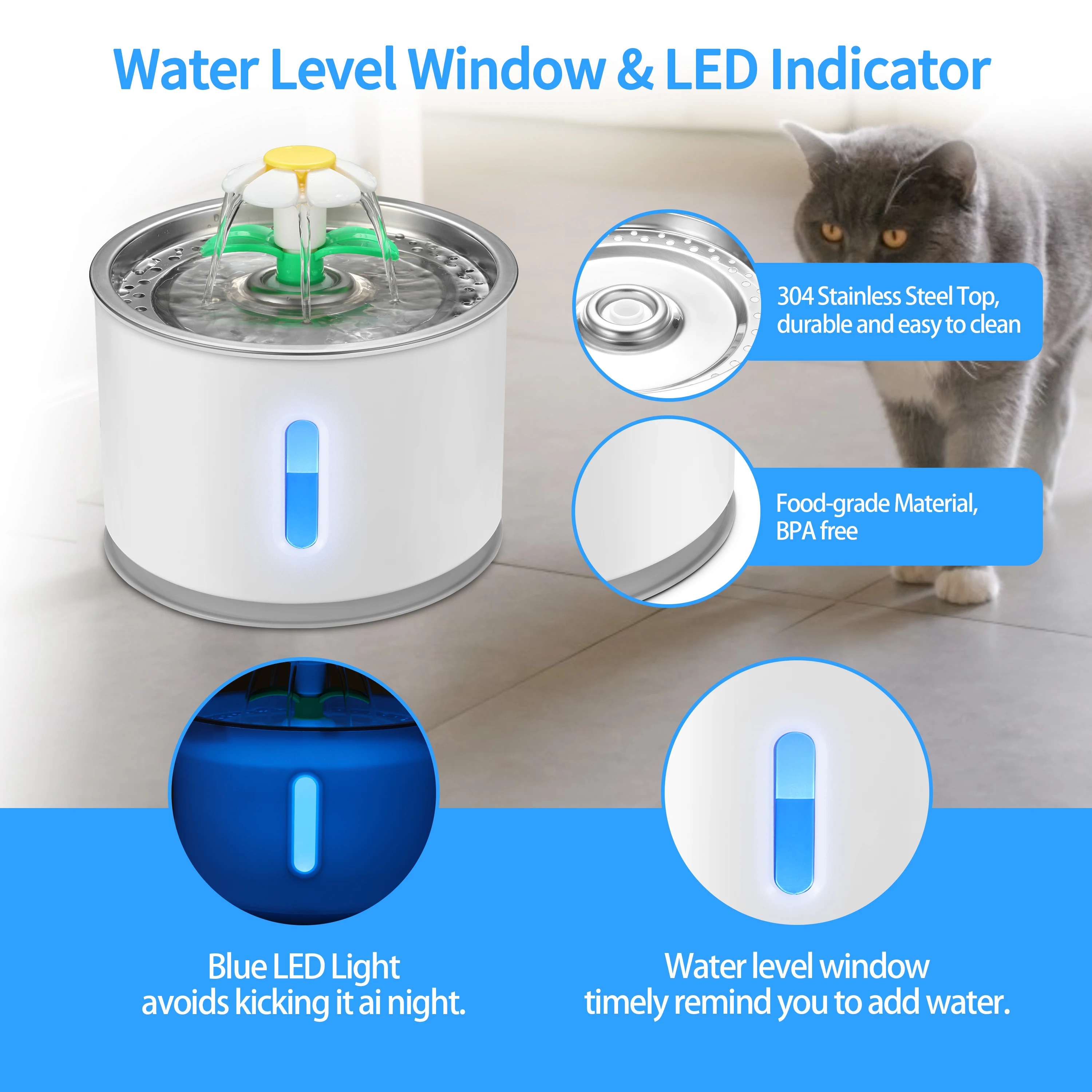 Petwant 2.4L 3 Filters Stainless Steel Smart Cat Fountain Silent Pump Water Shortage Alert Automatic Pet Water Dispenser