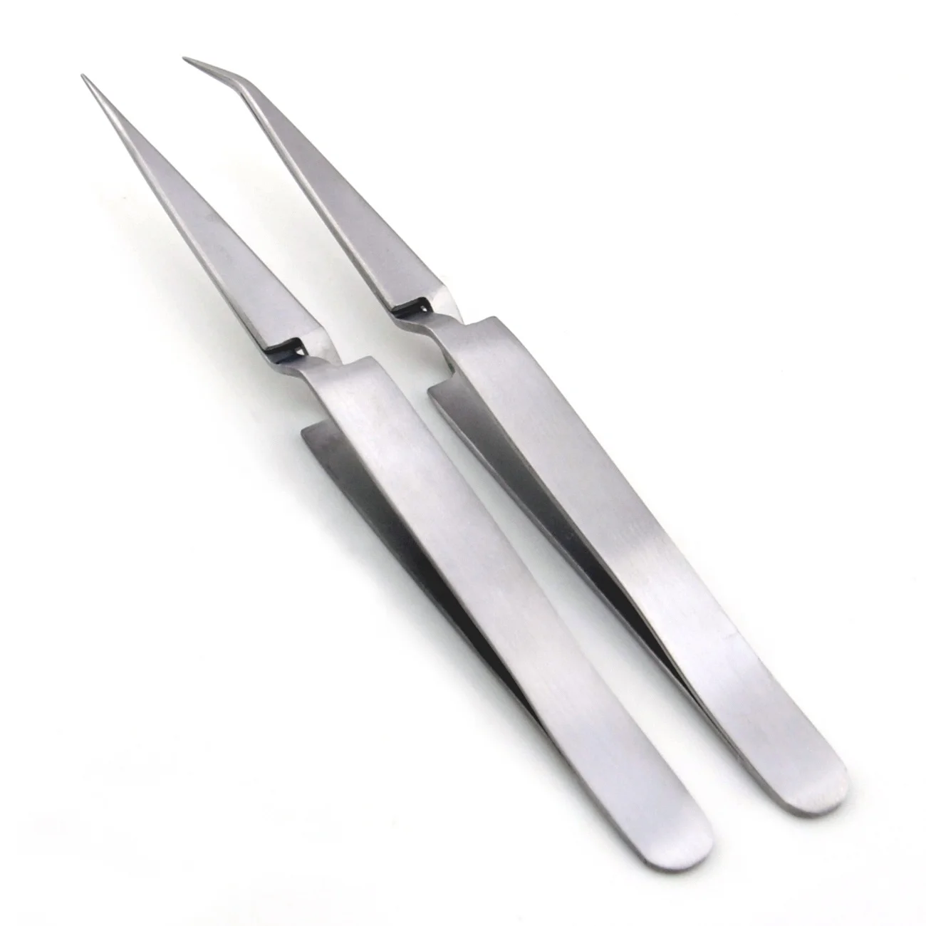 Kounain Professional 12 cm Stainless Steel Eyelash Extension Tweezers CROSS Action Straight Curved Satin Finish Fine Points