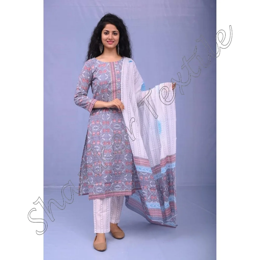 Новый новейший дизайнерский хлопковый комплект Kurti с Dupatta для всех случаев свадебной одежды индийский ручной блок принтом