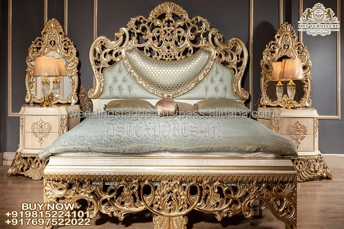 Heart Shaped Queen Size Carved Bed With Side Table Red Gold Finish Queen Size Wooden Bed Luxurious Carved Queen Size Bed