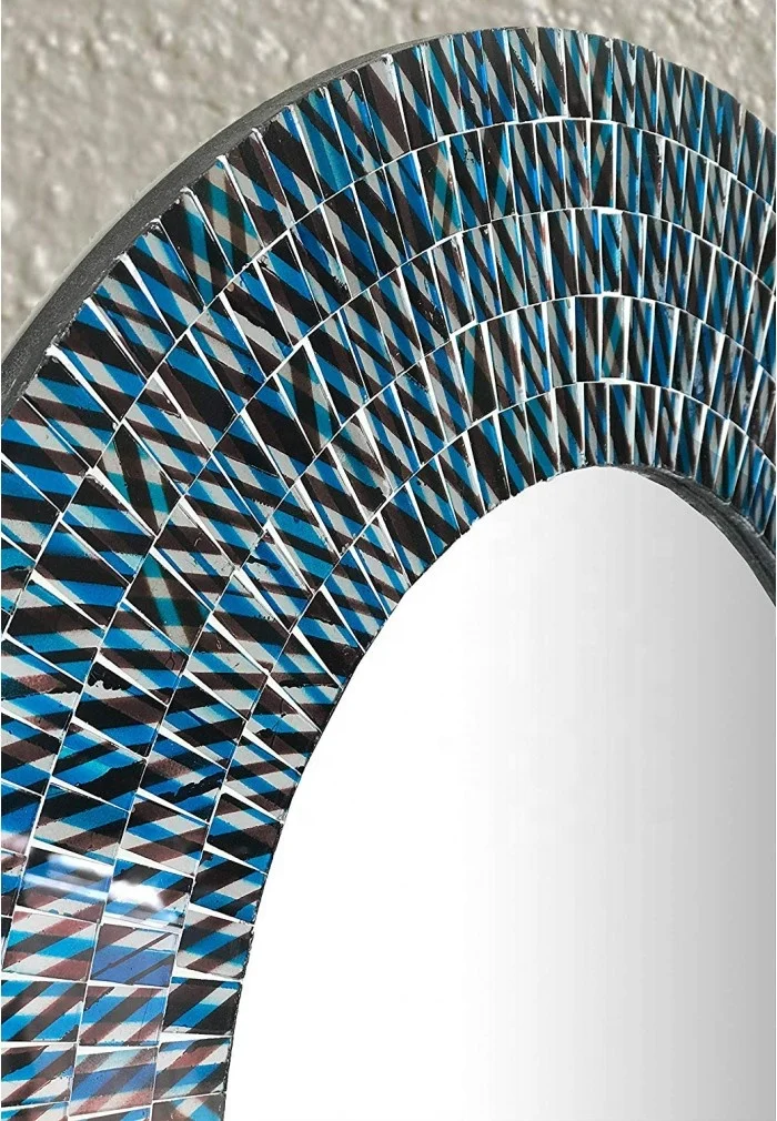 Modern 24 Inch round Wall Mirror Decorative Glass Mosaic Framed Bathroom Mirror in Teal Black MDF & Bone Material for Wedding