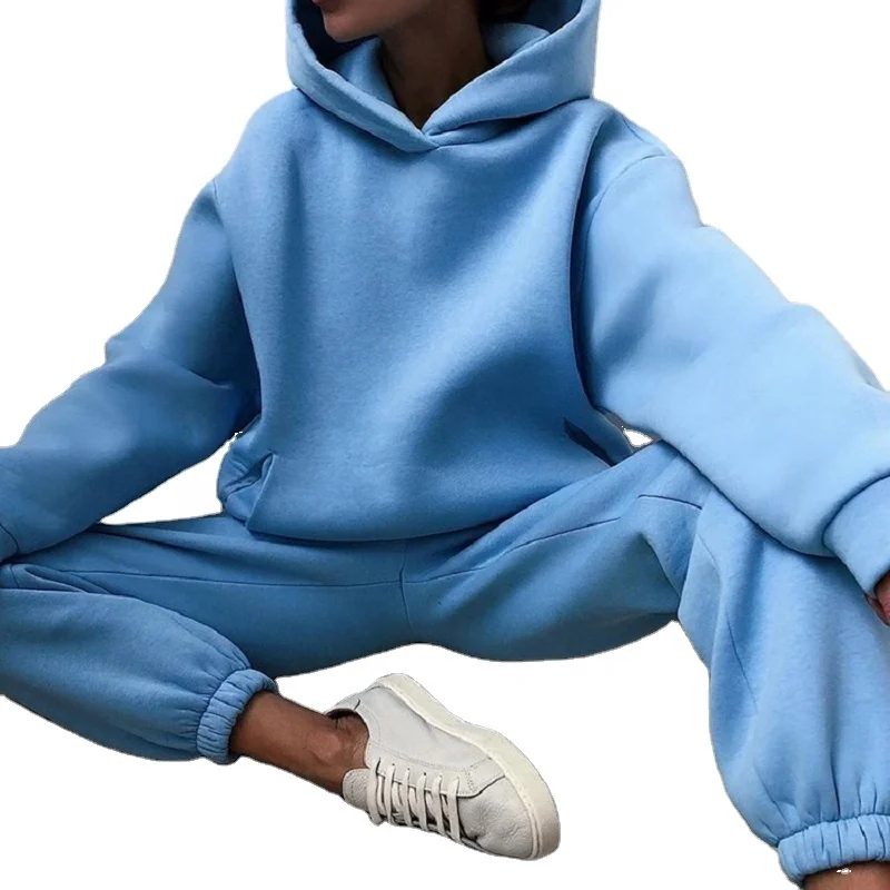 custom  fleeced sweat pant and hoodie jogging suit sets Winter solid plain women custom tracksuit  custom unisex sweatsuit set