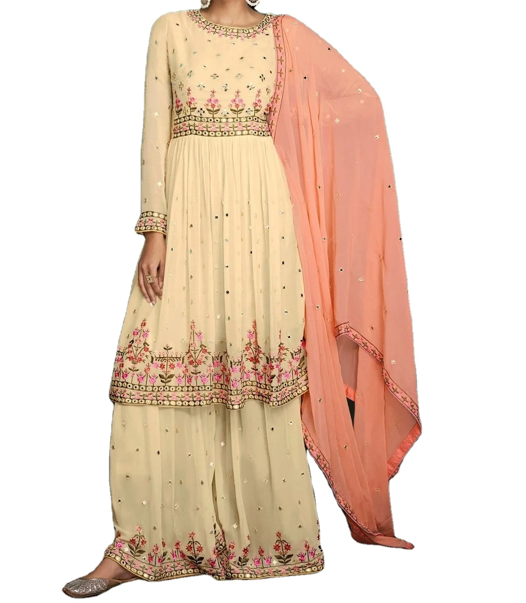 Exclusive Faux Georgette Embroidered Thread Work Stitched Kurta Suit Set Womens Gharara Sharara Latest Style Events Functions