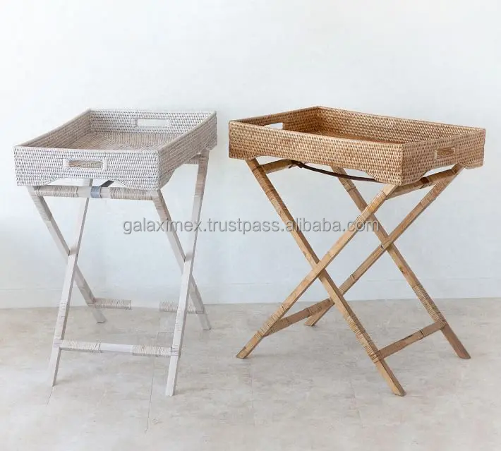 Whitewash wicker rectangular rattan butler tray with strong leg for kitchen accessories rattan serving trays