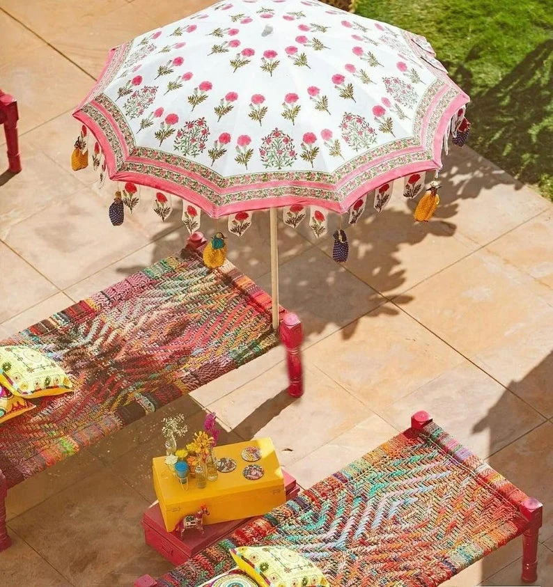 Handcrafted Handblocked Bagru Printed Garden Umbrella For Garden Decoration Parasol For Wedding Garden Decor Cotton Big Umbrella