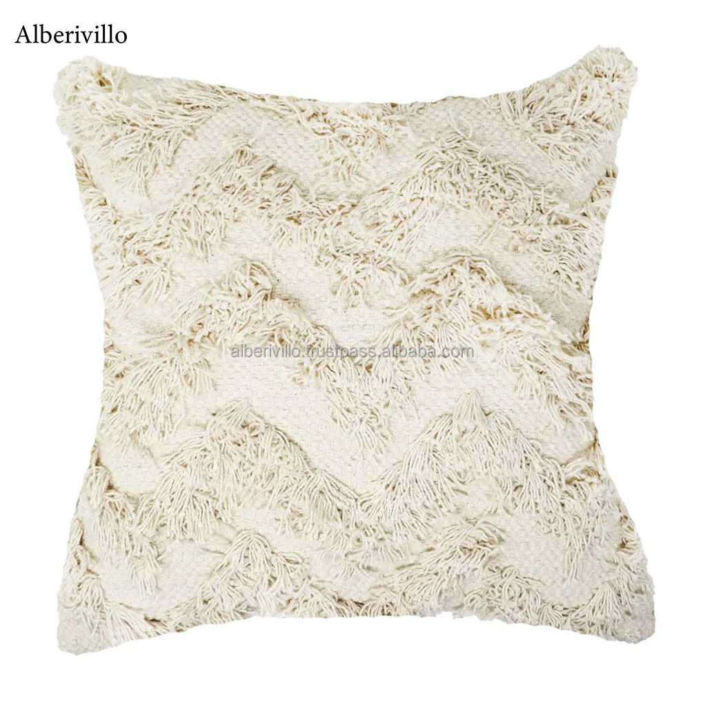 Boho Pillow Case with Tassel Fringe Pattern Hand Embroidered Decorative Cotton Black Stripe Bohemian Cushion Cover