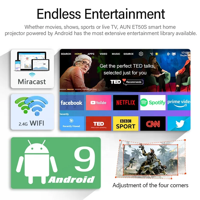 AUN ET50S MINI Projector Android Full HD 1080P Home Theater Cinema Projectors LED portable 4K Video Beamer WIFI Mobile Phone