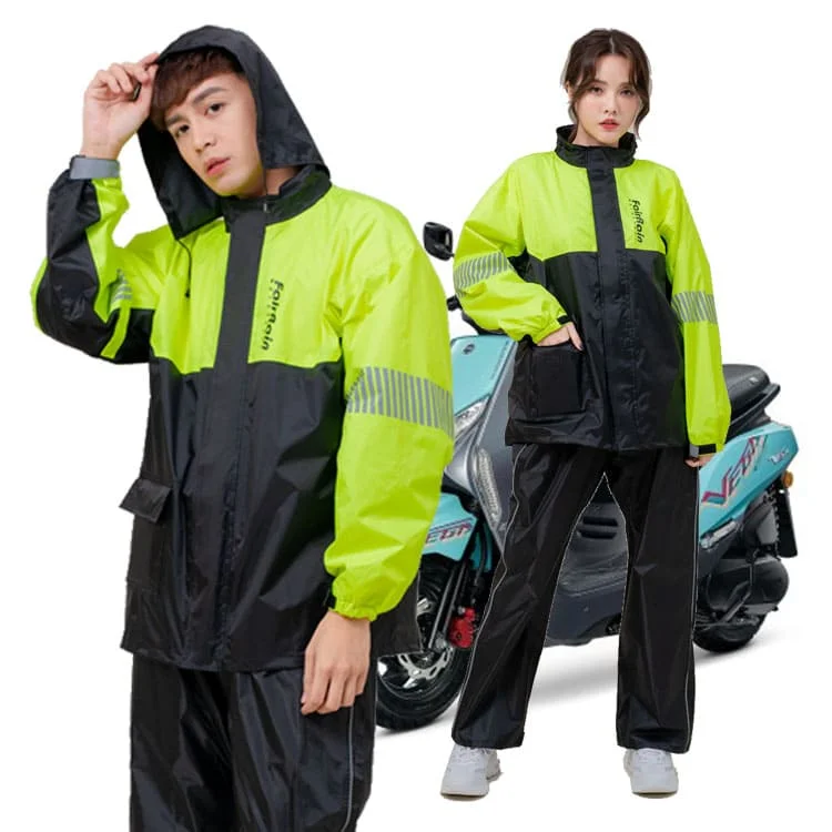 Custom Elastic Textile Night Hawk Fluorescent Stripe Safety Waterproof Jacket Pants 2 Pieces Rainwear Riding Rubber Rainsuits