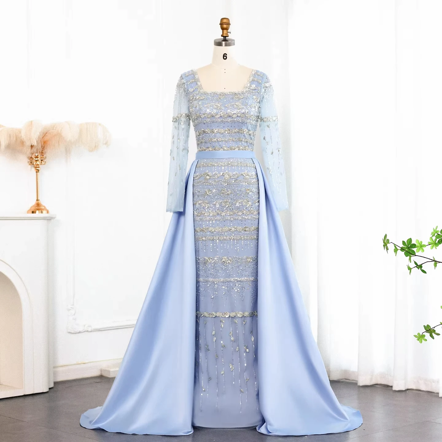 Jancember LSZ238A Elegant Blue Long Sleeve Arabic Evening Dresses Mermaids For Girls