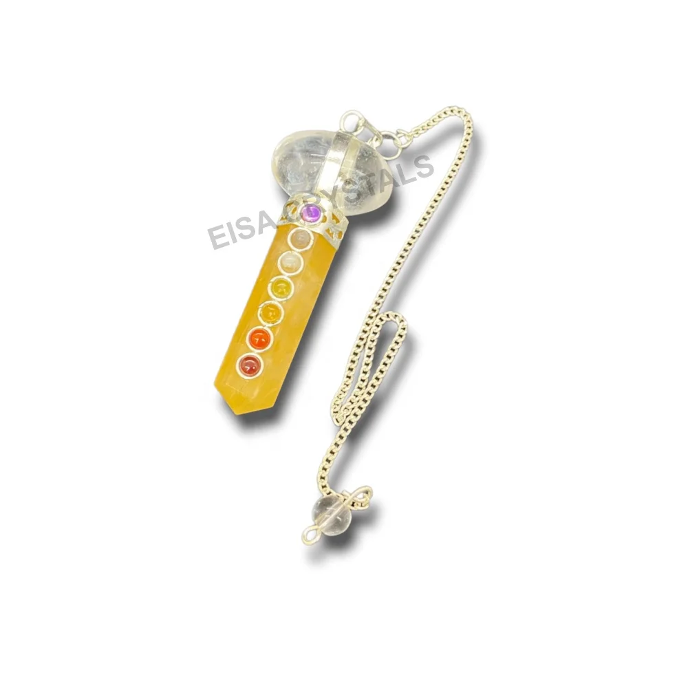 Hot-selling Yellow Aventur7 Chakra Pencil Crystal Lingam Pendulum Dowsing Healing Natural Gemstone pendulum Reiki Therapy Shop