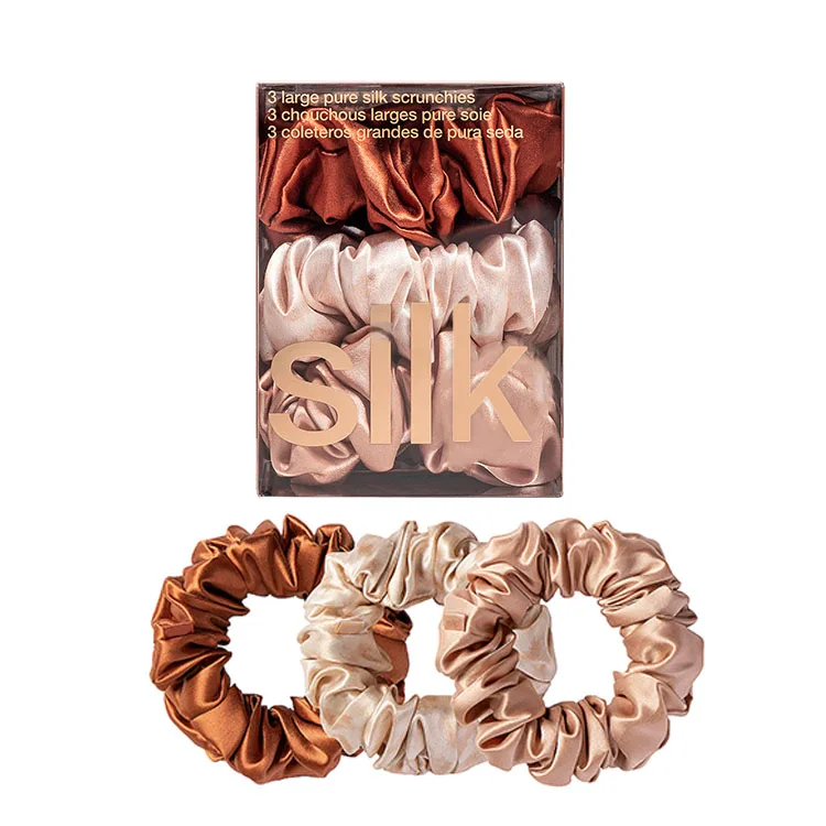 Wholesale women solid color mulberry silk scrunchie set hair ties ring Custom 100% mulberry silk hair scrunchies