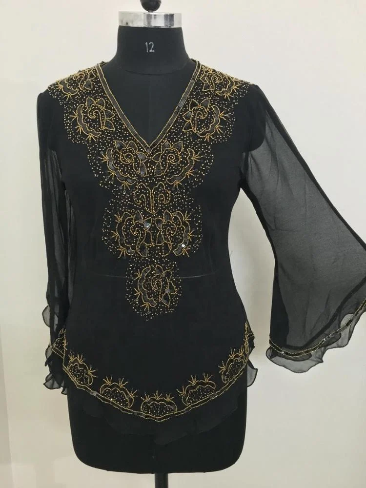 European Ladies Top Latest Best Design Blouses Fashion Tops Beaded Top Quality Heavy Hand Beaded Work High Street Sequin Summer