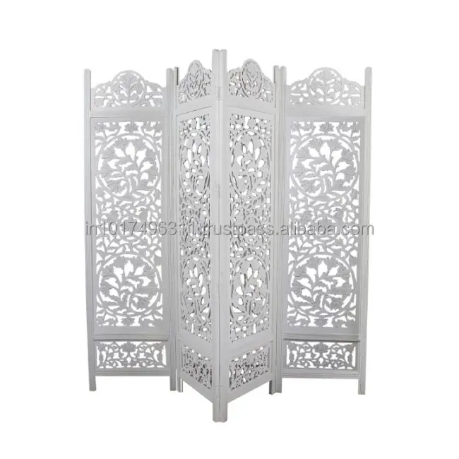 Handcrafted 4 Panel Wooden Room Partition & Room Divider ( White) Solid Wood Decorative Screen Partition  (Free Standing)