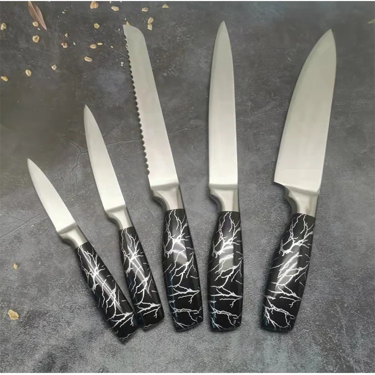 Fashion marble design hollow handle kitchen knife set in acrylic holder high quality chef knife sharpener shears extra sharp