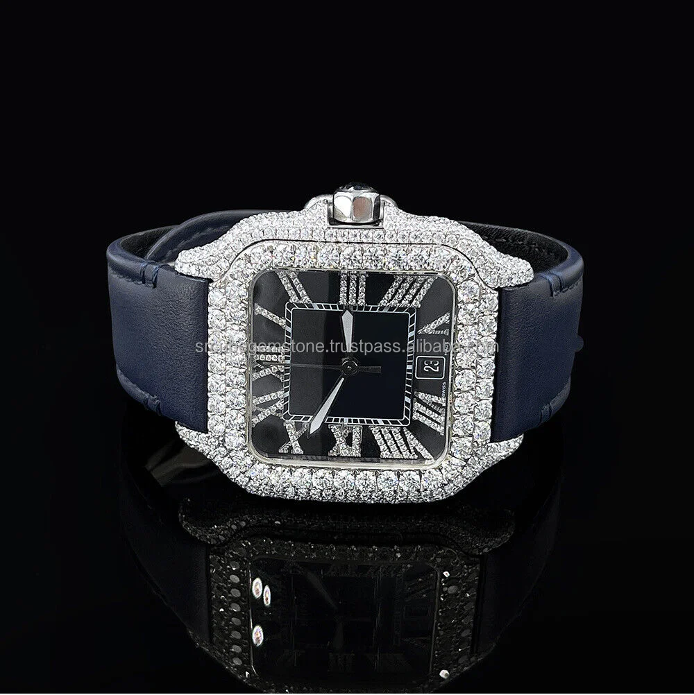 Custom Design Blue Leather Belt Iced Buss Down Square Dial Vvs Clarity White Moissanite Diamond Men Watch At Factory Price