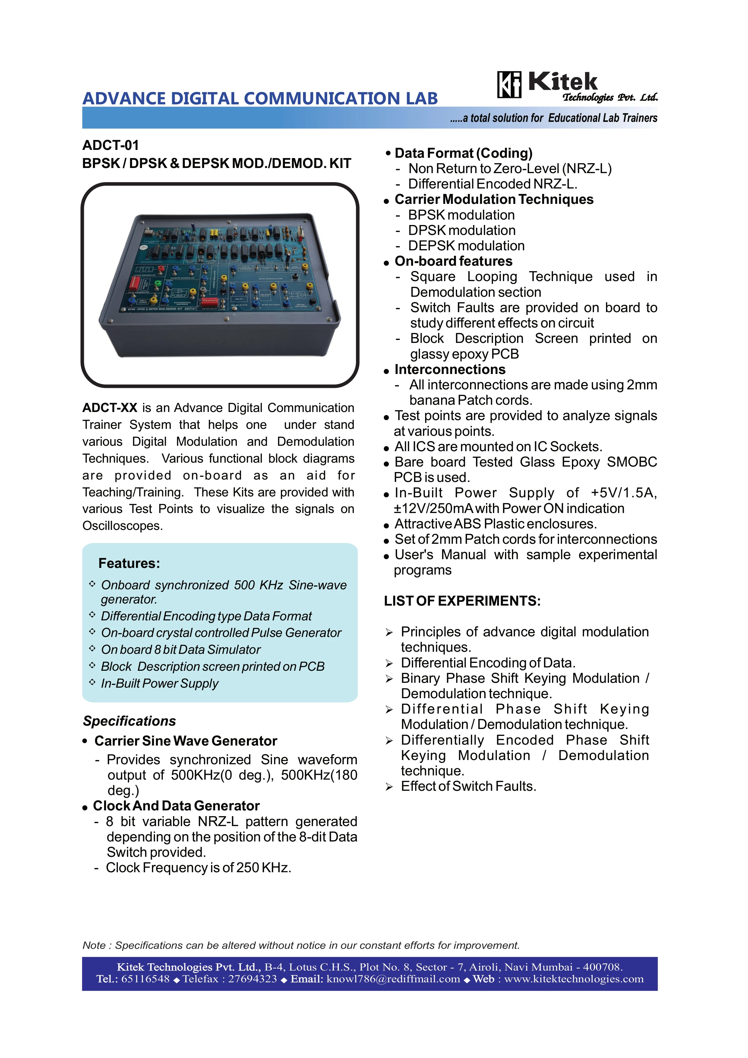 BEST QUALITY BPSK DEPSK DPSK MOD AND DEMOD COMMUNICATION TRAINER KIT COMMUNICATION LAB TRAINER