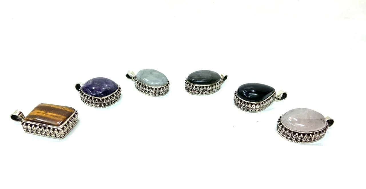 Handmade Double Layered Antique German Silver High Quality Semiprecious Natural Stone Bohemian Pendant Hot Selling Factory Price