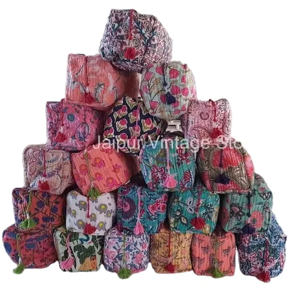 Indian Handmade Cotton Hand Block Print Cosmetics  Pouch Bags Waterproof Travel Bag Cosmetics Pouch Makeup Bag In Assorted Lots