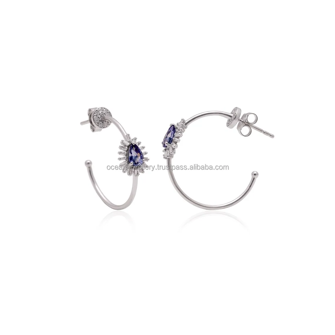18k White Gold Pear Blue Sapphire Earrings Diamond Half J-Hoop Earrings With Push Back Earrings For Women