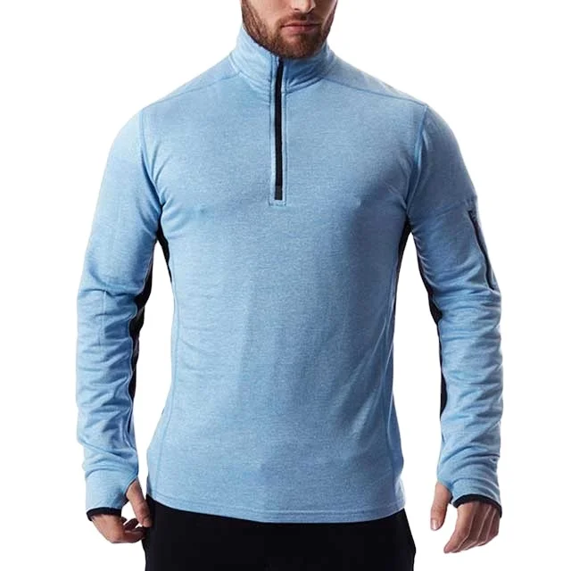 High quality Custom Males Gym Wear 1/4 thumb hole zipper Raglan Sleeve Mositure Wicking Men Funnel Neck thumb hole